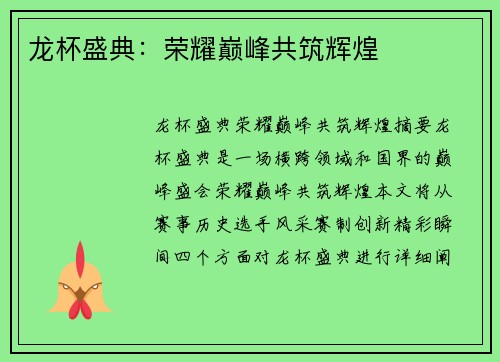 龙杯盛典：荣耀巅峰共筑辉煌